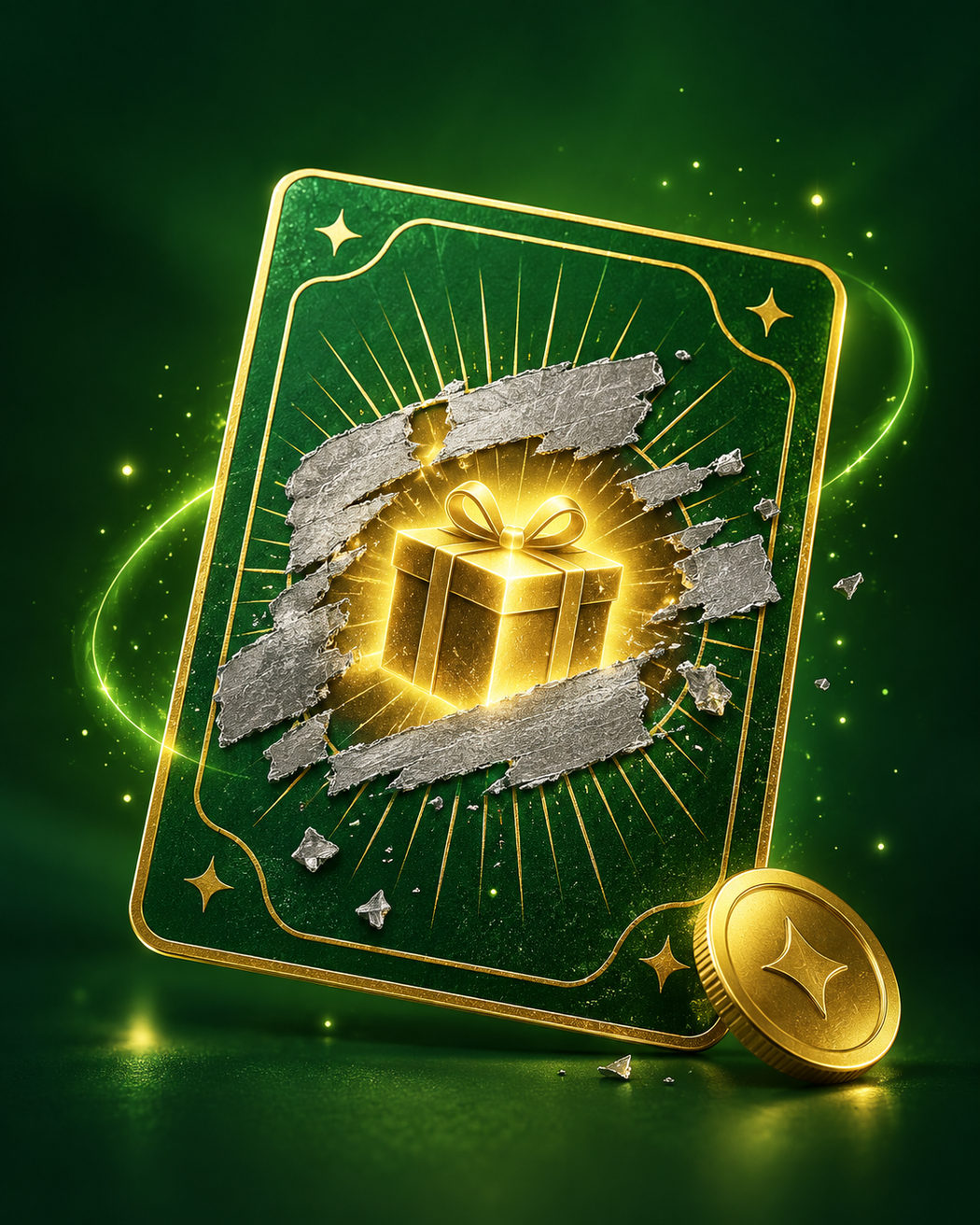 A partly scratched card revealing a glowing gold reward